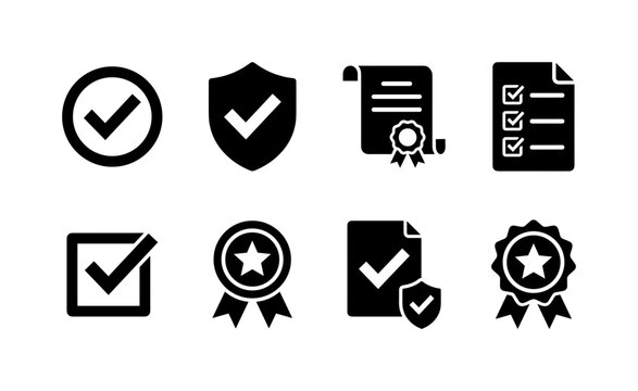 Approval Check Marks, solid glyph icon set featuring checkmark circle, approved shield, certificate, checklist, checkbox, quality stamp, verified document and success badge, covering approval,