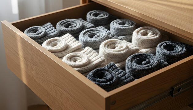 Open drawer with neatly rolled wool socks organized inside wooden wardrobe for home storage and minimalist organization concept