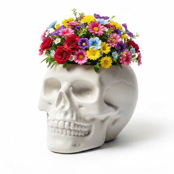 Skull succulent planter with a bunch of flowrs, on a clean isolated pure white background, 35 degree angel photography.