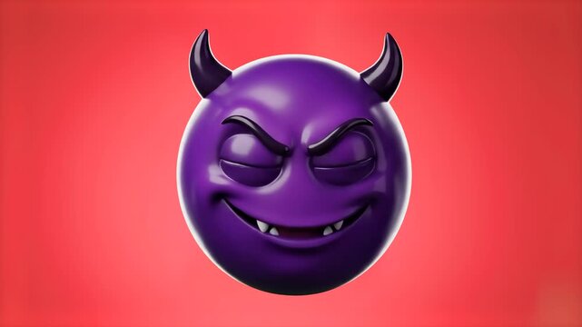 A glossy purple 3D devil emoji with black horns and a devious smirking smile set against a bold red background. Ideal for mischievous reaction overlays, villainous branding, and Halloween design proje