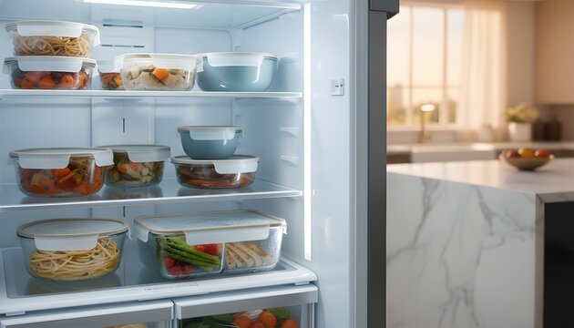 Open fridge with leftovers stored inside transparent glass containers neatly organized on cold shelves for healthy home meal prep and food preservation concept