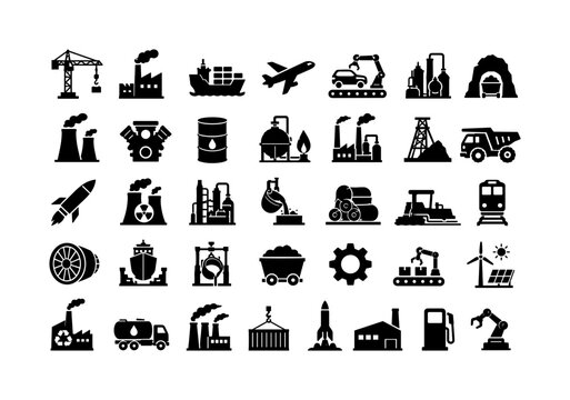 Heavy Industry Sectors, solid glyph icon set of 35 fully filled black icons in a 7x5 grid showing construction crane, heavy factory, cargo ship, aircraft, automotive plant, chemical factory, coal