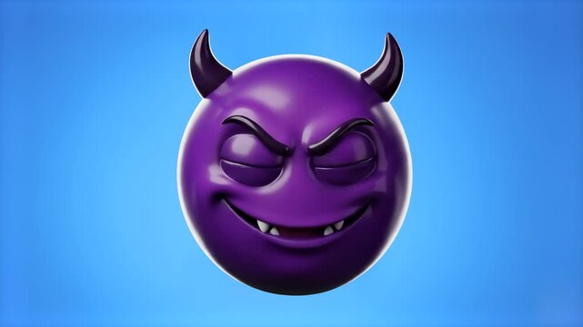 Stylized 3D purple devil ball emoji character with horns and a mischievous grinning face over a light blue studio background. Excellent for social media reaction graphics, mobile game UI icons, playfu