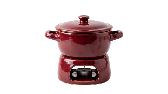 Ceramic fondue pot with tea light candle holder in deep red color PNG Isolated on transparent background
