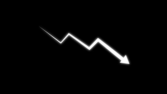 Animated glowing white zigzag arrow pointing downwards on a solid black background, for financial market, analysis, economic downturn, concepts, business loss, indicators, and data visualization