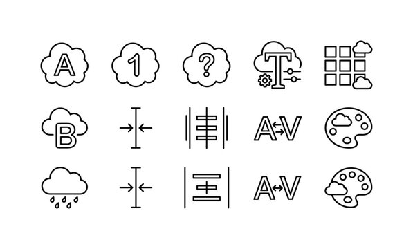 Cloud Letter Design, line icon set featuring cloud letter tile, cloud number tile, punctuation tile, font editor, character grid, weather cloud, type cursor, alignment control, kerning arrows and