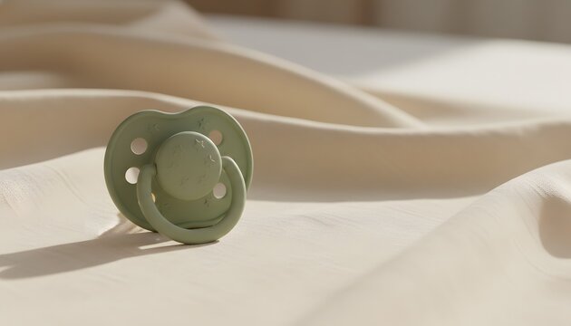 Minimalist modern silicone baby pacifier on crib sheet in cozy nursery sunlight for soothing newborn care and parenting lifestyle concept