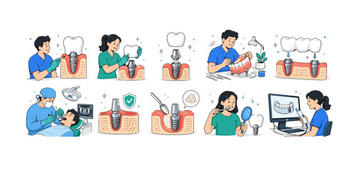 Fototapeta premium Dental Implant Workflow — colorful editorial illustration set, 10 separate mini scenes in a 5x2 layout showing implant, crown, abutment, denture, bridge, surgery, healing, bone grafting, hygiene, and