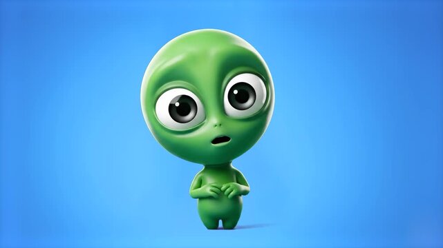 A charming 3D illustration of a cute green alien character with big dark eyes and a curious expression, isolated against a solid light blue backdrop. Great for children's animated media, social media 
