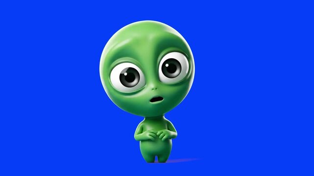 A adorable 3D render of a cute green extraterrestrial alien character with big glossy eyes standing curiously, isolated on a solid chroma key blue background. Ideal for video compositing, sci-fi carto