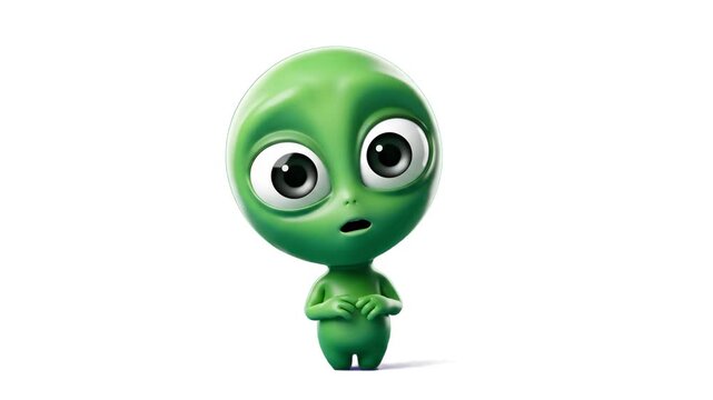 A adorable 3D render of a cute green extraterrestrial alien character with big dark eyes standing curiously, isolated on a plain white backdrop with a soft drop shadow. Great for sci-fi cartoons, spac