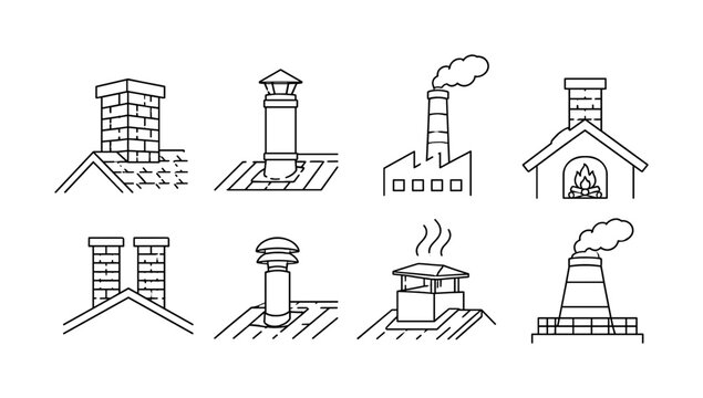 Chimney Rooftop Types, line icon set with 8 clean outline icons featuring brick chimney, metal flue, factory stack, fireplace chimney, double chimney, modern vent pipe, rooftop smoke outlet,