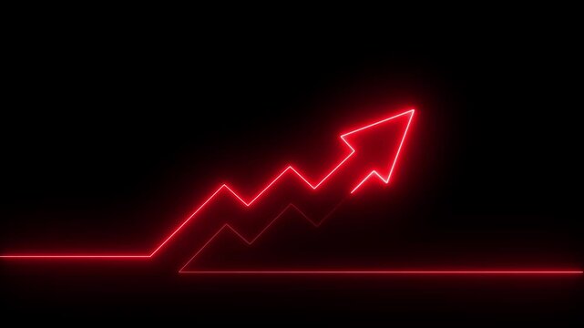 Glowing red neon financial growth arrow chart moving upward on dark background, dynamic business success concept, digital data analytics visualization for corporate presentations and marketing