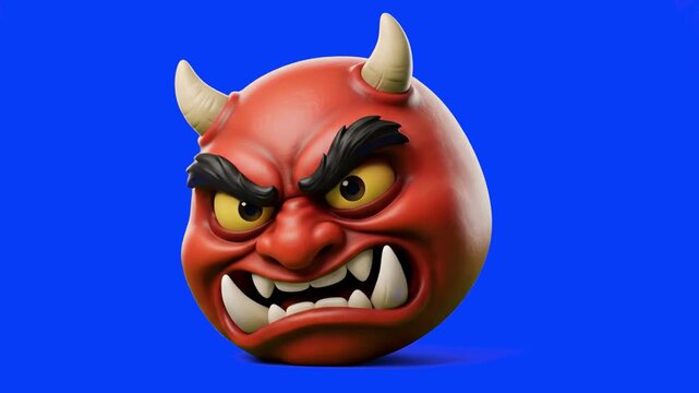 3D model of an angry red devil monster head with sharp horns, fangs, and fierce expression over a chroma key blue background. Perfect for gaming avatar icons, Halloween promos, evil character design, 