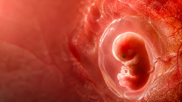Early human embryo in amniotic sac, IVF pregnancy, reproductive medicine, embryology and prenatal development, copy area