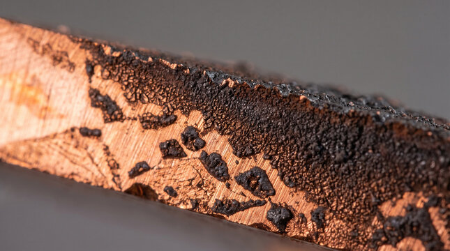 Copper Oxide Formation After Chemical Reaction Scientific Macro Photography Black Oxide Surface Transformation