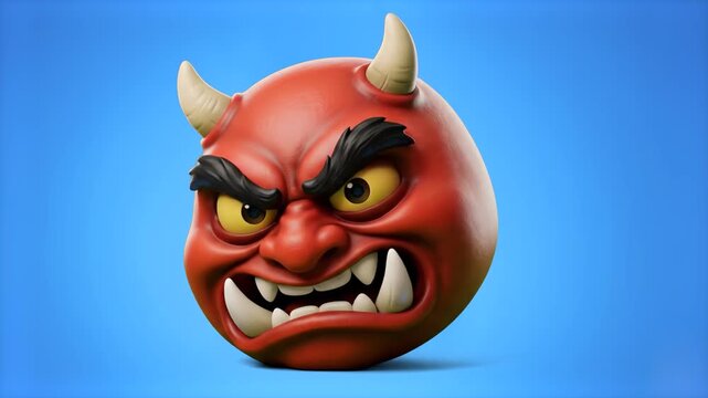 A glossy 3D render of an angry red devil face featuring horns and fangs displayed against a soft gradient blue sky backdrop. Great for gaming visuals, fantasy concepts, and dramatic social media react