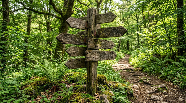 Wooden signpost with multiple arrows in a lush green forest, directing hikers on a path.