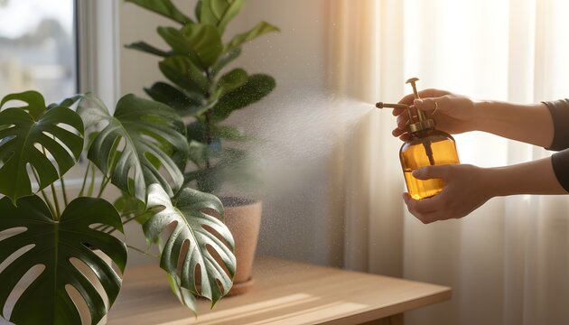 Close up of person misting indoor garden plants with vintage amber glass spray bottle for botanical care and home gardening lifestyle concept in bright sunlit room