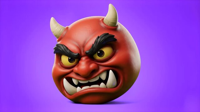 A detailed 3D red devil emoji character with sharp horns, fangs, and a fierce angry expression set against a vibrant purple backdrop. Perfect for Halloween promotions, evil reaction overlays, gaming c