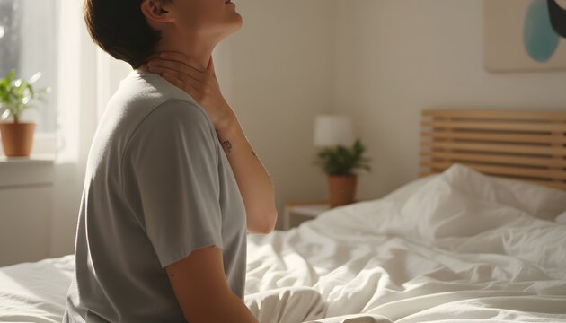 Person rubbing neck in bed feeling morning stiffness and throat pain, sitting in cozy sunlit bedroom for health and wellness concept