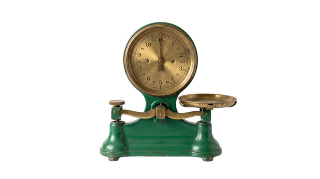 Vintage Green Kitchen Scale with Brass Dial and Pan PNG Isolated on transparent background
