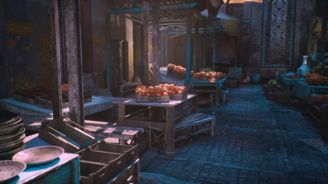 Dusk produce stalls and empty cobblestone lane under blue hour light, crates of oranges and stacked plates on quiet merchant tables, cinematic evening market