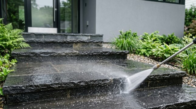 High pressure water jet cleans dark slate stairs during home exterior maintenance and professional outdoor restoration process.