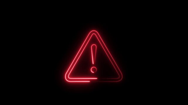 Glowing red neon warning sign symbol pulsing in dark background, digital alert for cybersecurity, industrial safety, system error notification, and technical hazard communication motion