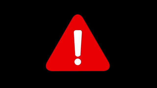 Pulsing red warning triangle with white exclamation mark symbol animated on a solid black background, for digital alerts, system notifications, safety, hazards, and critical, error messaging