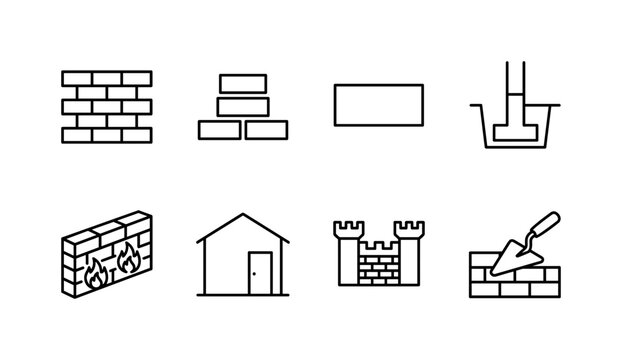 Brick Construction Symbols, line icon set featuring brick wall, stacked masonry, stone block, foundation, firewall, house wall, fortress section and repair trowel, covering construction, architecture,
