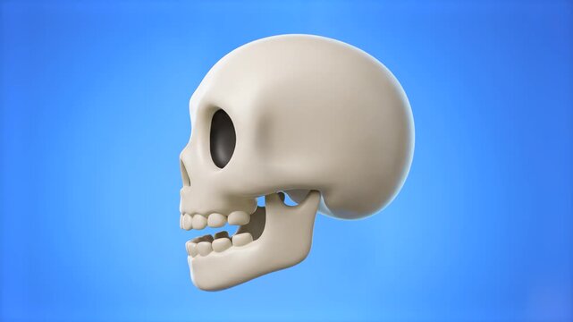 A detailed 3D render of a human skull in side profile set against a soft gradient blue sky backdrop. Excellent for Halloween promotions, medical education visuals, creative overlays, and 3D graphic de