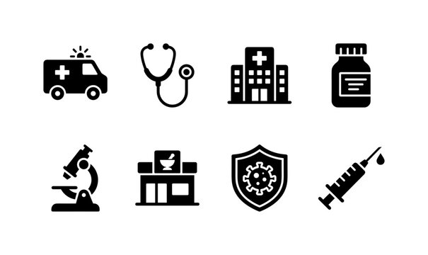 Medical Healthcare Collection, solid glyph icon set featuring ambulance, stethoscope, hospital, pill bottle, microscope, pharmacy, virus shield and vaccination syringe, covering medicine, testing,