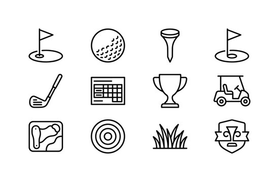 Golf Course Symbols, line icon set featuring golf flag, golf ball, tee, hole cup, golf club, scorecard, trophy, golf cart, course map, target, grass patch and tournament badge, covering golf, sports,
