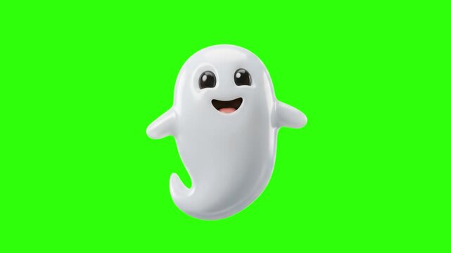 A cheerful 3D cartoon rendering of a friendly white ghost character floating with outstretched arms, isolated on a solid chroma key green background. Perfect for Halloween promotions, kids' party invi