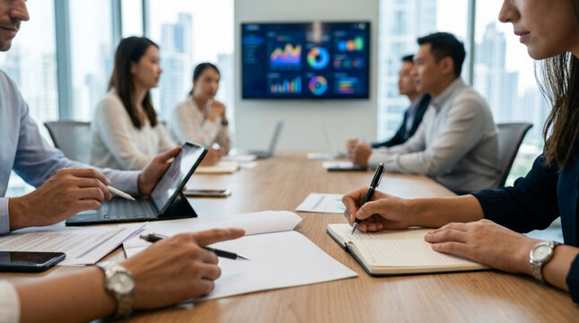 Business Meeting: Diverse Team Discussing Data Charts on Screen
