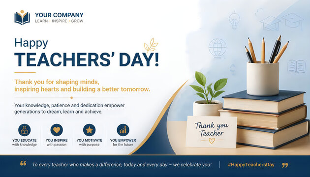 Corporate teachers day banner with books plants and appreciative message template.