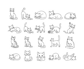 Obraz premium Playful Cat Poses, one-line drawing set, 20 continuous single-line cat illustrations including sitting cat, stretching kitten, sleeping cat, lying cat, resting cat, playful cat, fishbone cat,