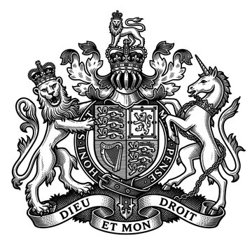 Vintage Engraved Royal Coat of Arms of the United Kingdom, Heraldic Lion and Unicorn Crest, Transparent PNG