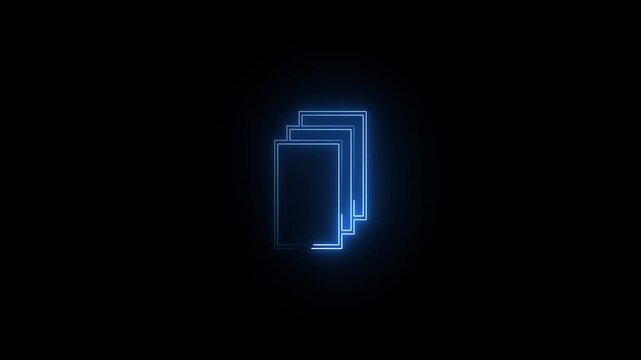 Neon file documents uploading icon on black background Glowing blue colour neon document sign.4k video