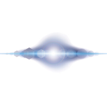 Bright blue horizontal lens flare effect with light streaks isolated on transparent background