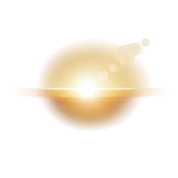 Bright golden sun flare with horizontal light streak and lens reflections isolated on transparent background