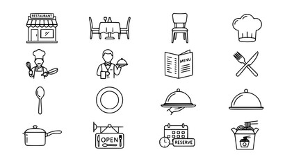 Fototapeta premium Restaurant Dining and Hospitality Thin Monochrome Line Vector Icon Set