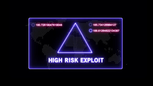 Digital cyber security warning interface featuring a risk exploit alert notification with glowing neon warning triangle symbol and dynamic data stream analytics for advanced network protection
