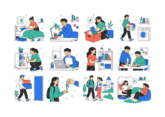 Fototapeta premium Dorm Room Essentials. College housing, bedding, lighting, storage, laundry, refrigerators, laptops, books, roommates, campus life, moving, and study spaces. 12 minimalist editorial vector scenes: