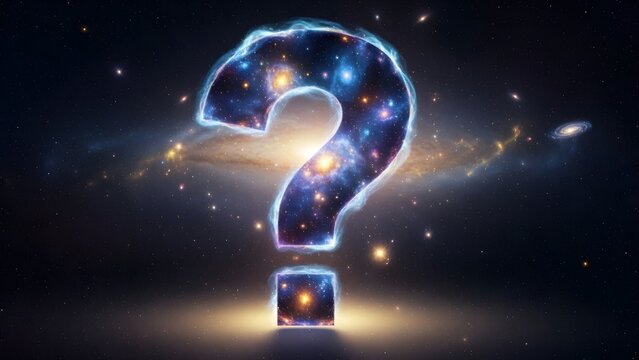 Question mark symbol formed by glowing cosmic nebula and stars against a deep space background scenery