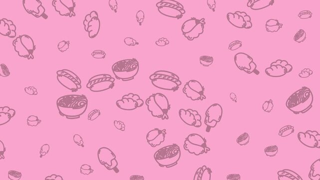 Cute Asian food doodle pattern: dumpling, ramen bowl, shrimp tempura, steamed bun, skewer. Seamless loop, pink monochrome line art.