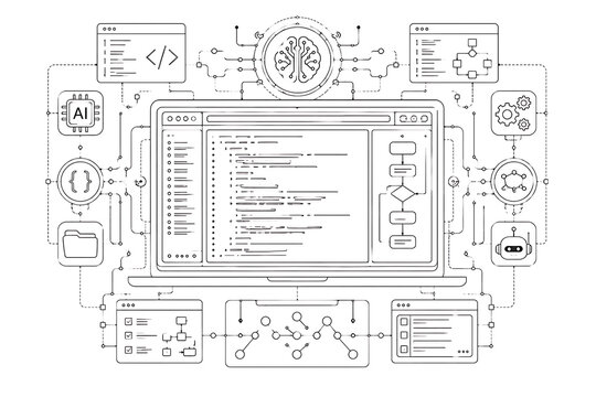 monochrome AI coding automation schematic, AI coding, coding automation, artificial intelligence, AI technology, automation, software automation, machine learning, programming, software development, c