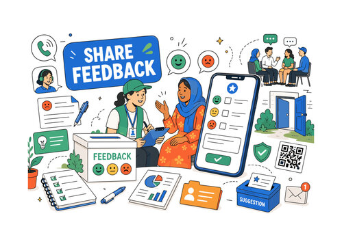 Beneficiary Feedback System. A clean editorial banner showing an aid worker collecting community feedback from a beneficiary, with an oversized feedback box and smartphone survey as the main objects,