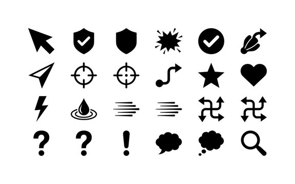 Comic Gesture Controls, solid glyph icon set featuring pointer arrow, thumbs-up substitute badge, fist substitute shield, motion line, approval icon, direction marker, action burst, selection cursor,